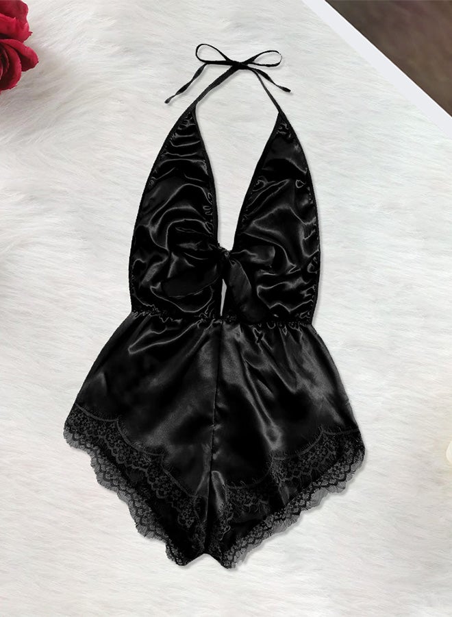 Stain Silk V Neck Fashion Sleepwear Black