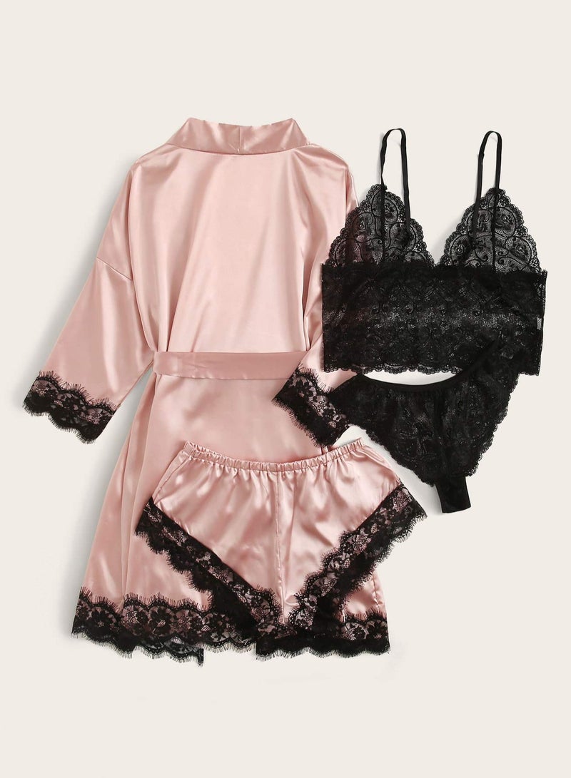 Women's 4 Pieces Satin Floral Lace Cami Top Lingerie Pajama Set with Robe