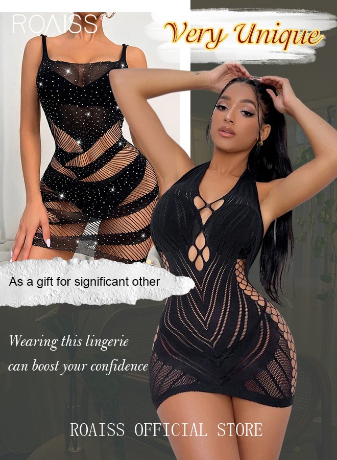 Two Piece of Women Mesh Bodysuit Set Lingerie for Ladies Wife Girlfriend Hollow Out Design Rhinestone Studded Mesh Dress Cut Out Halter Dress