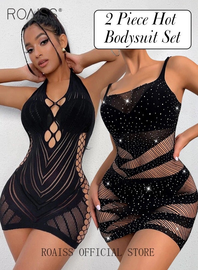 Two Piece of Women Mesh Bodysuit Set Lingerie for Ladies Wife Girlfriend Hollow Out Design Rhinestone Studded Mesh Dress Cut Out Halter Dress