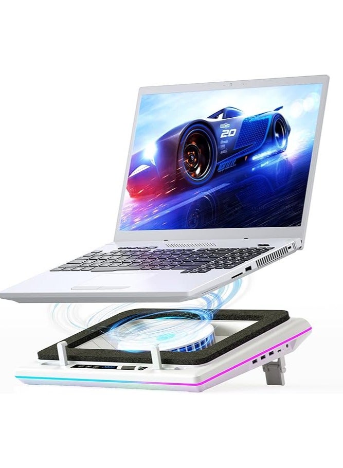 RGB Laptop Cooling Pad, White, Powerful Turbofan, Quiet Cooling, Touch Control, LCD Screen, Seal Foam, 15-19in Laptops