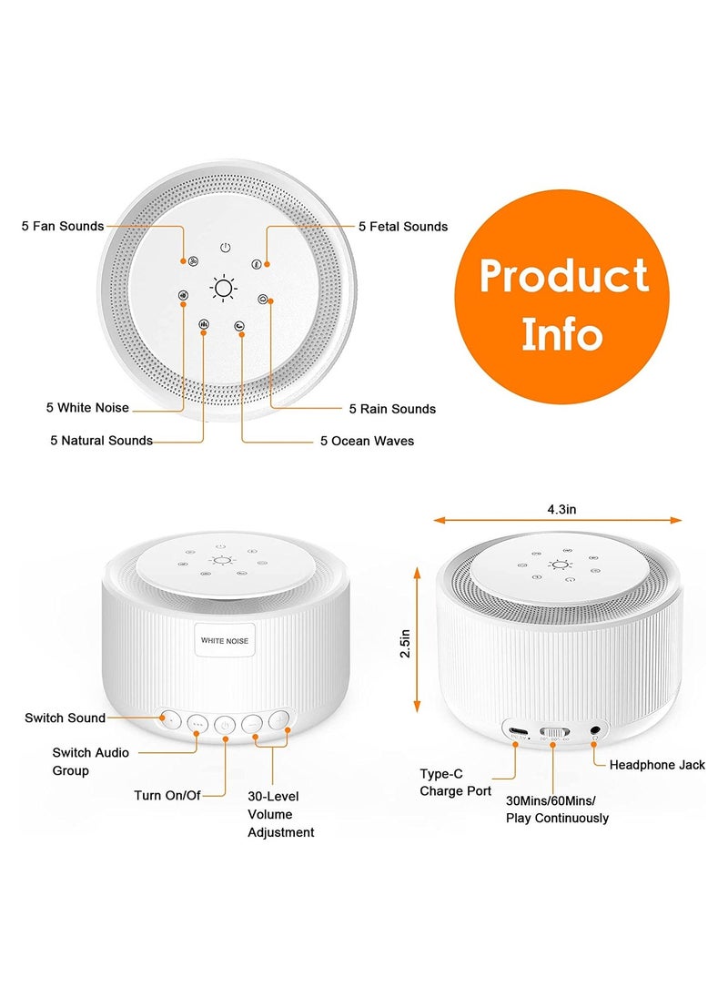 Sleep Sound Machine, White Noise Machine with 30 Natural Soothing Sounds, 30 Level Volume Light 3 Timer Memory Function, Noise Machine Powered by AC or USB, for Adults, Baby and Kids