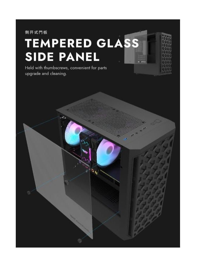 darkFlash DK300M  M-ATX, ITX Tempered Glass Gaming PC Case, 3 RGB Fans Pre-Installed, Supports 240MM Radiator, HDD and SSD Slots, USB 3.0x1, USB 2.0 x2, HD AUDIO and Power, PC Case