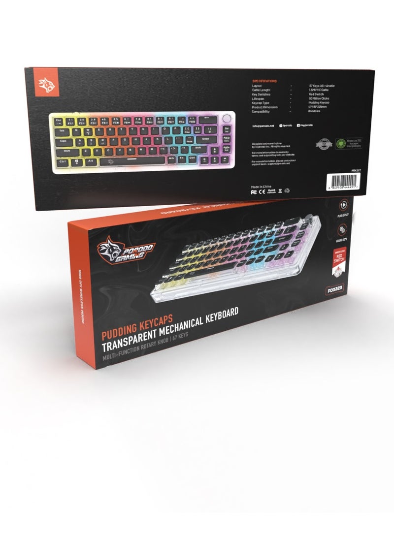 Transparent Mechanical Keyboard with Pudding Keycaps and RGB Lights / Gaming - Transparent with Black Keys