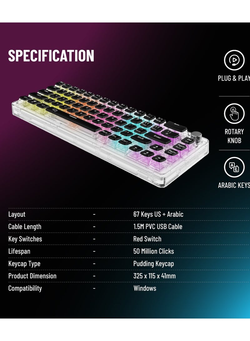 Transparent Mechanical Keyboard with Pudding Keycaps and RGB Lights / Gaming - Transparent with Black Keys