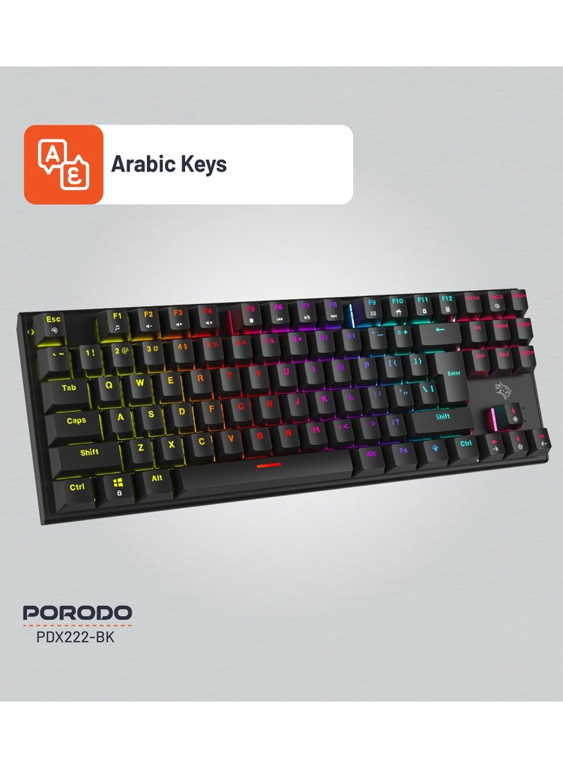 Mechanical Keyboard with Suspending Keycaps and RGB Lights with 12 Lighting Modes/ English and Arabic Languages / Simultaneous Key Presses on 25 Keys / Sturdy Build / US layout - Black