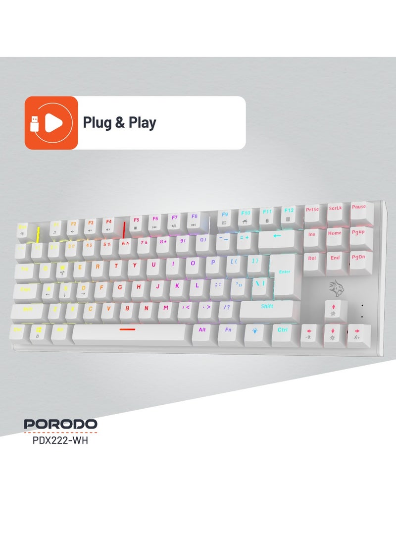 Mechanical Keyboard with Suspending Keycaps and RGB Lights with 12 Lighting Modes/ English and Arabic Languages / Simultaneous Key Presses on 25 Keys / Sturdy Build / US layout - White