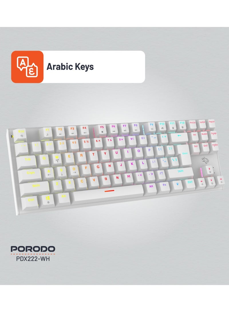 Mechanical Keyboard with Suspending Keycaps and RGB Lights with 12 Lighting Modes/ English and Arabic Languages / Simultaneous Key Presses on 25 Keys / Sturdy Build / US layout - White