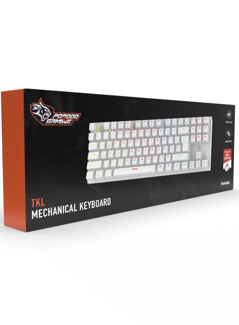 Mechanical Keyboard with Suspending Keycaps and RGB Lights with 12 Lighting Modes/ English and Arabic Languages / Simultaneous Key Presses on 25 Keys / Sturdy Build / US layout - White