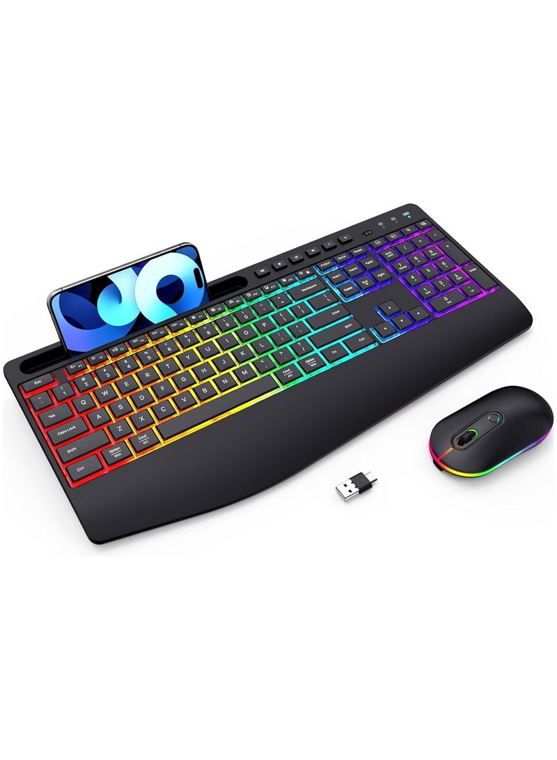 Wireless Keyboard and Mouse Combo with Backlit,2.4G Full Size Ergonomic Rechargeable Light Up Computer Keyboard with Phone Tablet Holder,Silent Mouse,Quiet Click, for Windows,Mac,PC,Laptop (B Black)