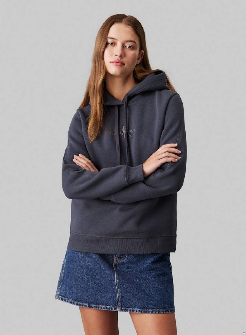 Women's  Monologo Regular Pullover Hoodie , Black - Cotton Blend