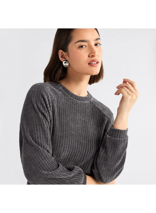 Textured Round Neck Sweatshirt with Raglan Sleeves