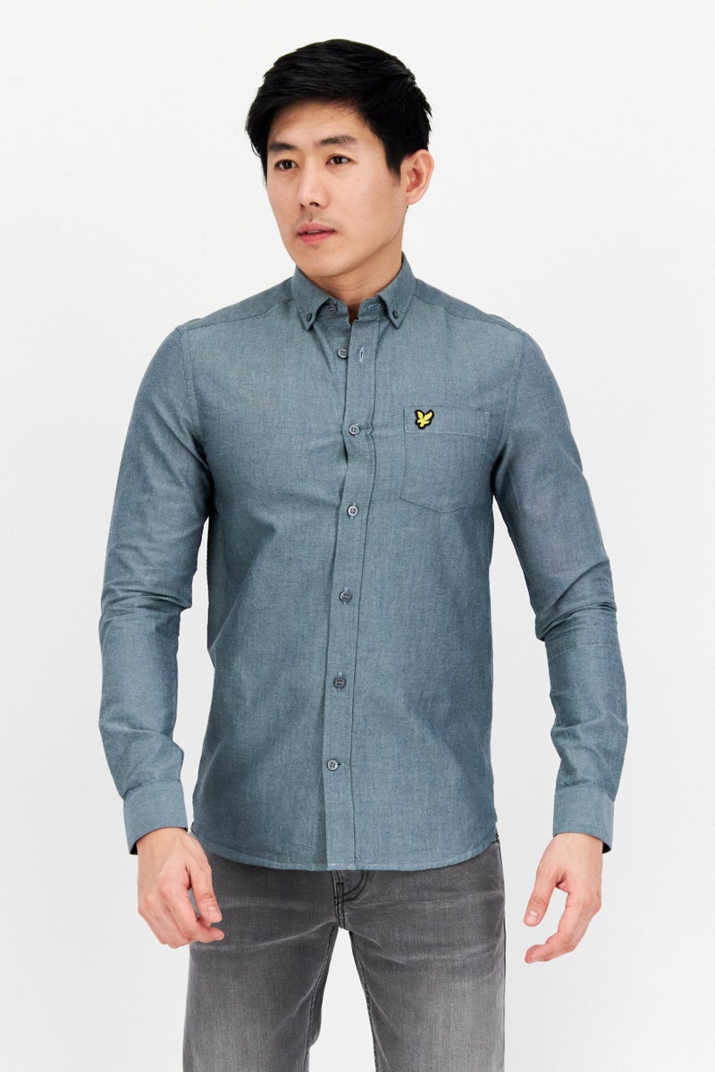 Men Pointed Collar Long Sleeve Printed Casual Shirt, Light Grey