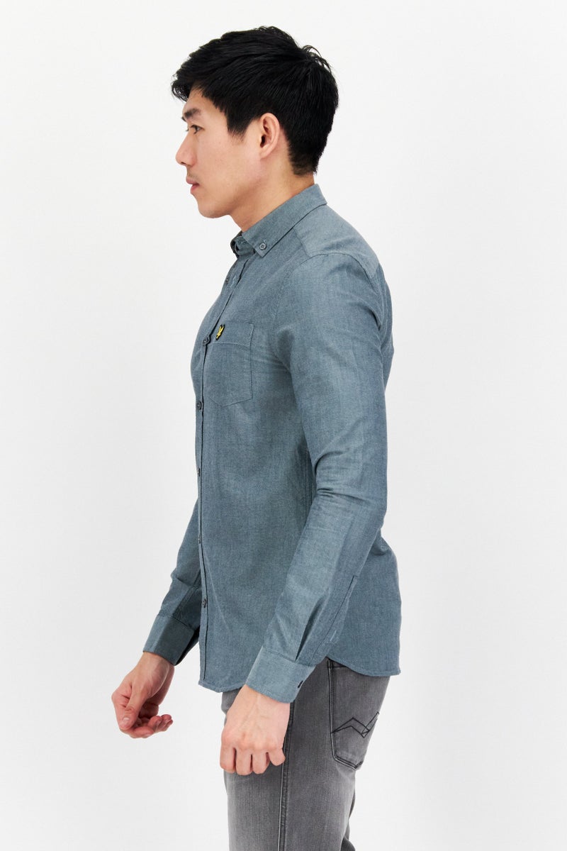 Men Pointed Collar Long Sleeve Printed Casual Shirt, Light Grey