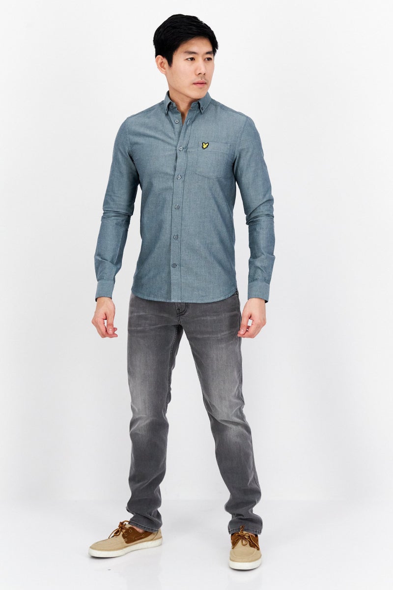 Men Pointed Collar Long Sleeve Printed Casual Shirt, Light Grey