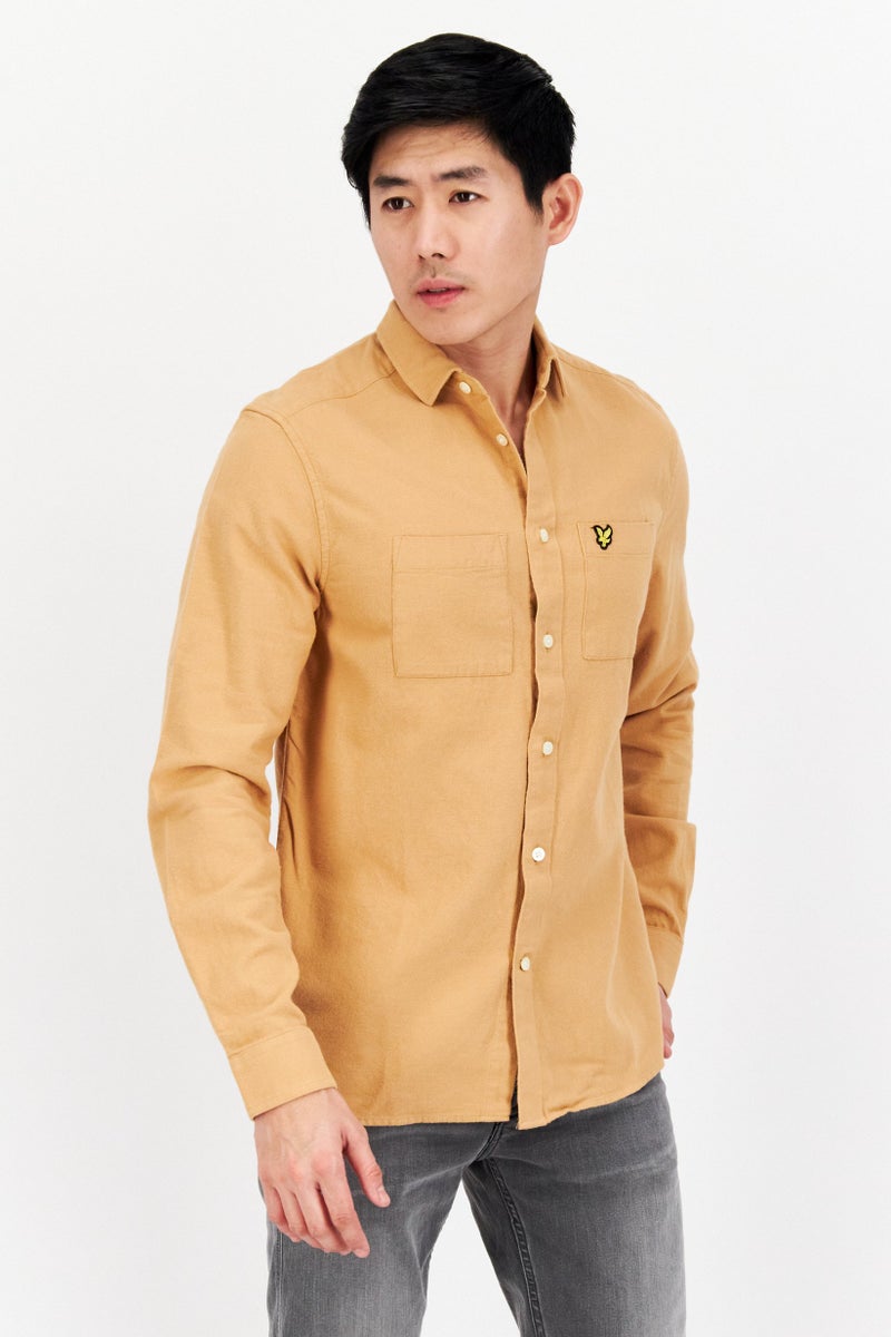 Men Spread Collar Long Sleeve Embroidered Logo Casual Shirt, Tan