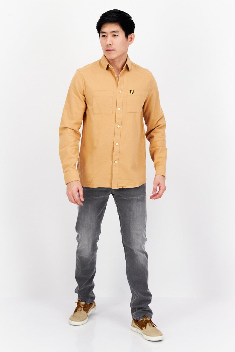 Men Spread Collar Long Sleeve Embroidered Logo Casual Shirt, Tan