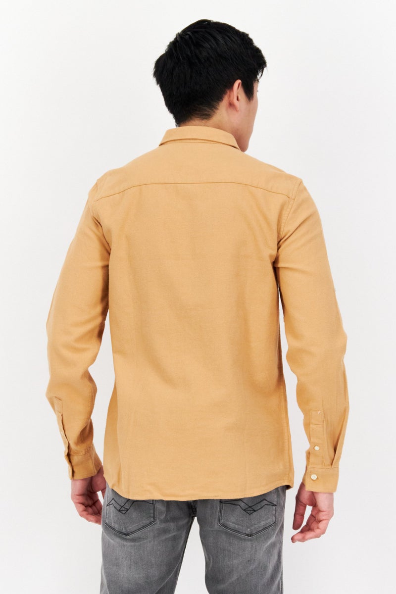 Men Spread Collar Long Sleeve Embroidered Logo Casual Shirt, Tan