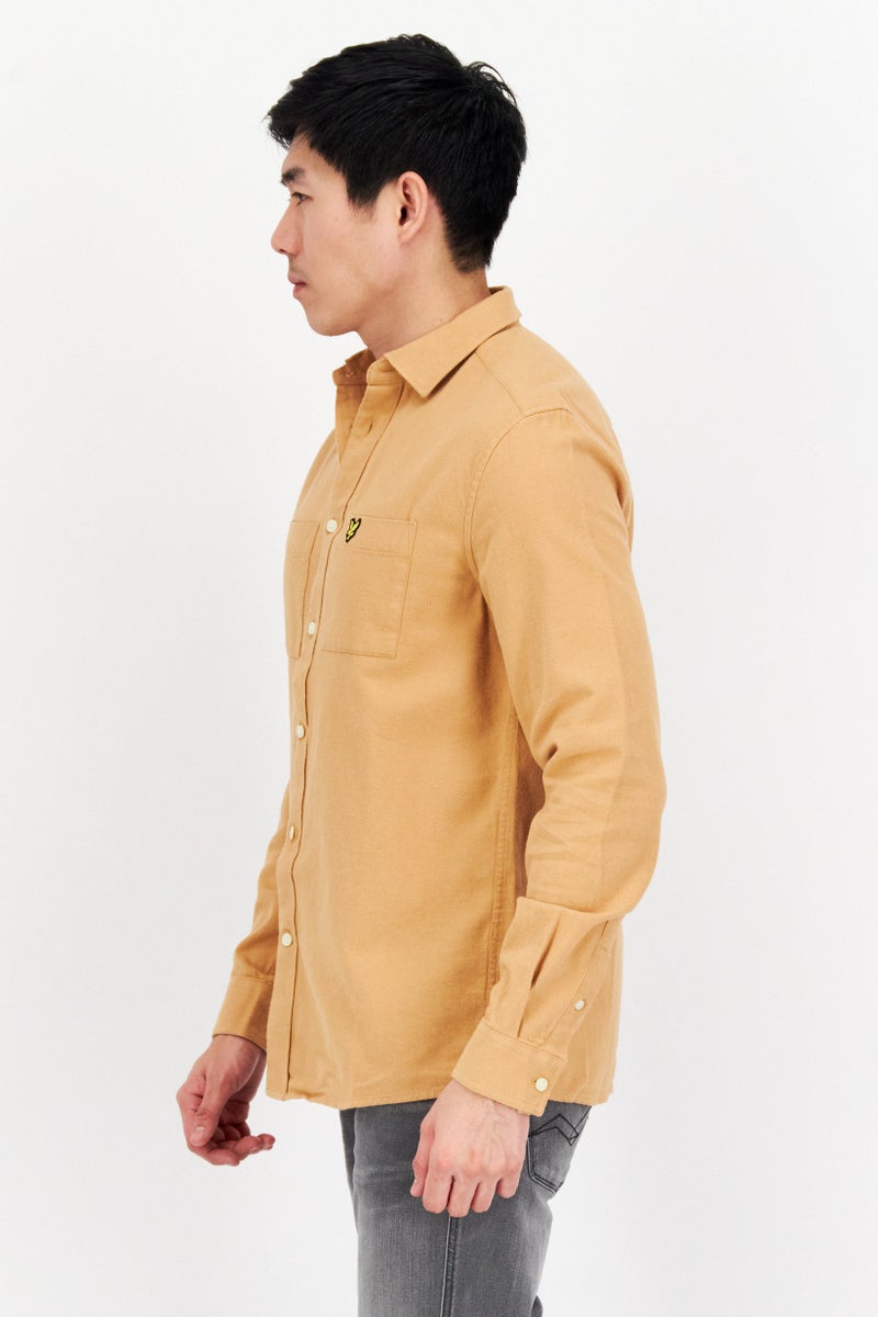 Men Spread Collar Long Sleeve Embroidered Logo Casual Shirt, Tan