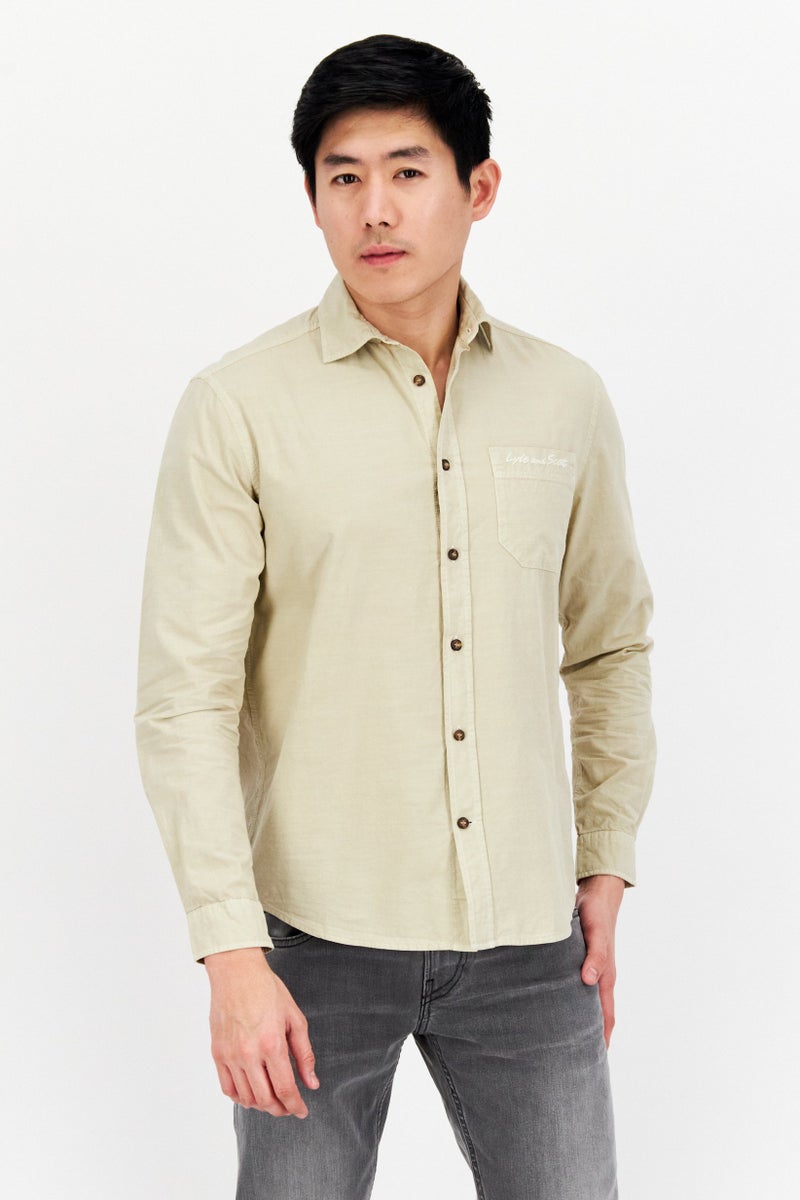 Men Regular Fit Embroidered Logo Long Sleeve Casual Shirt, Beige