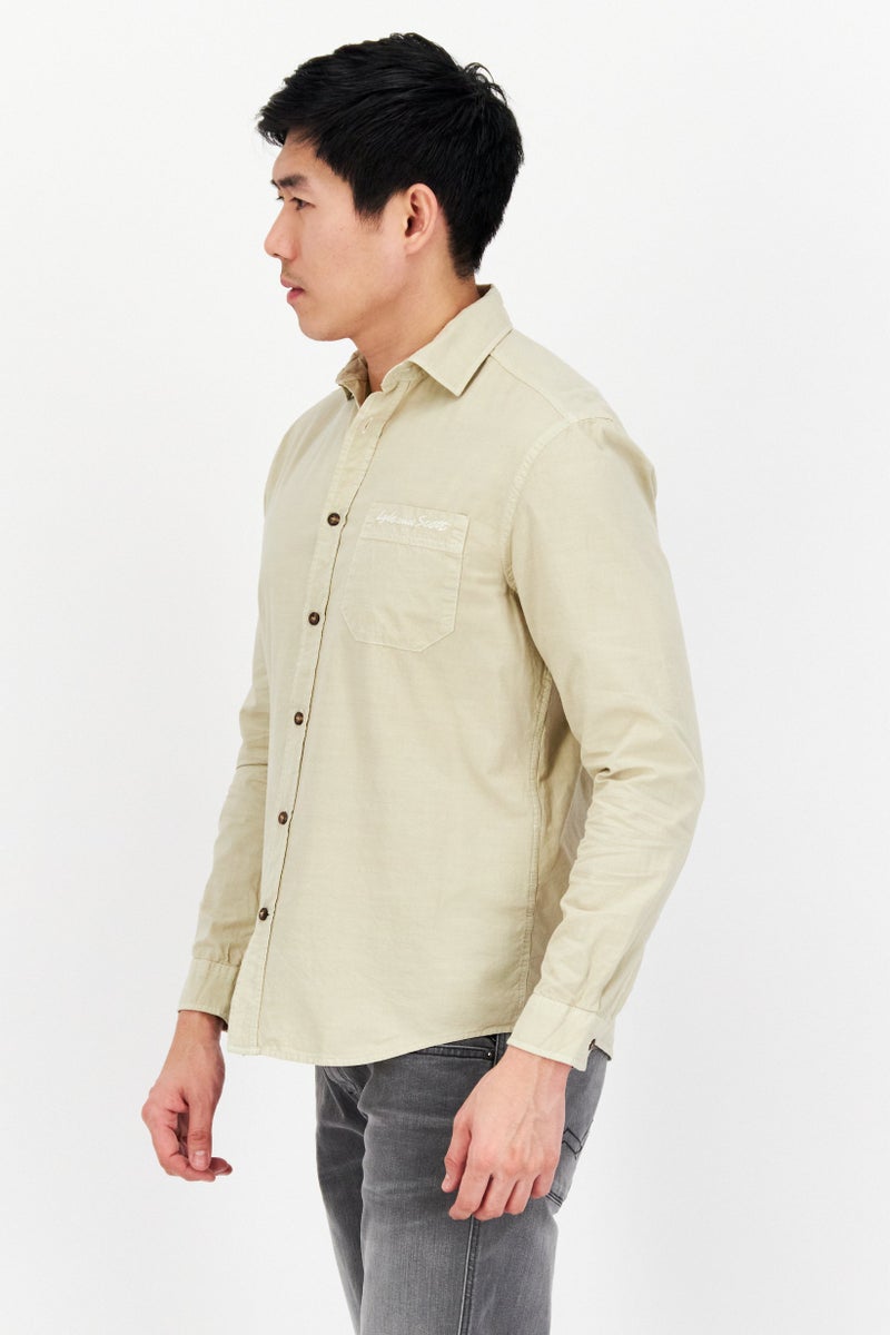 Men Regular Fit Embroidered Logo Long Sleeve Casual Shirt, Beige