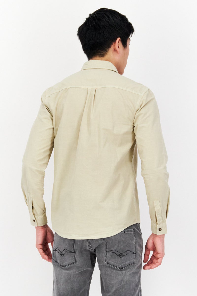 Men Regular Fit Embroidered Logo Long Sleeve Casual Shirt, Beige