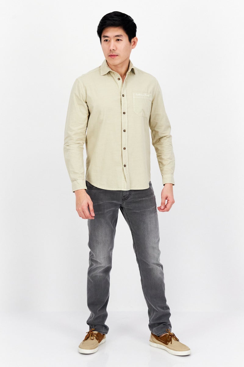 Men Regular Fit Embroidered Logo Long Sleeve Casual Shirt, Beige