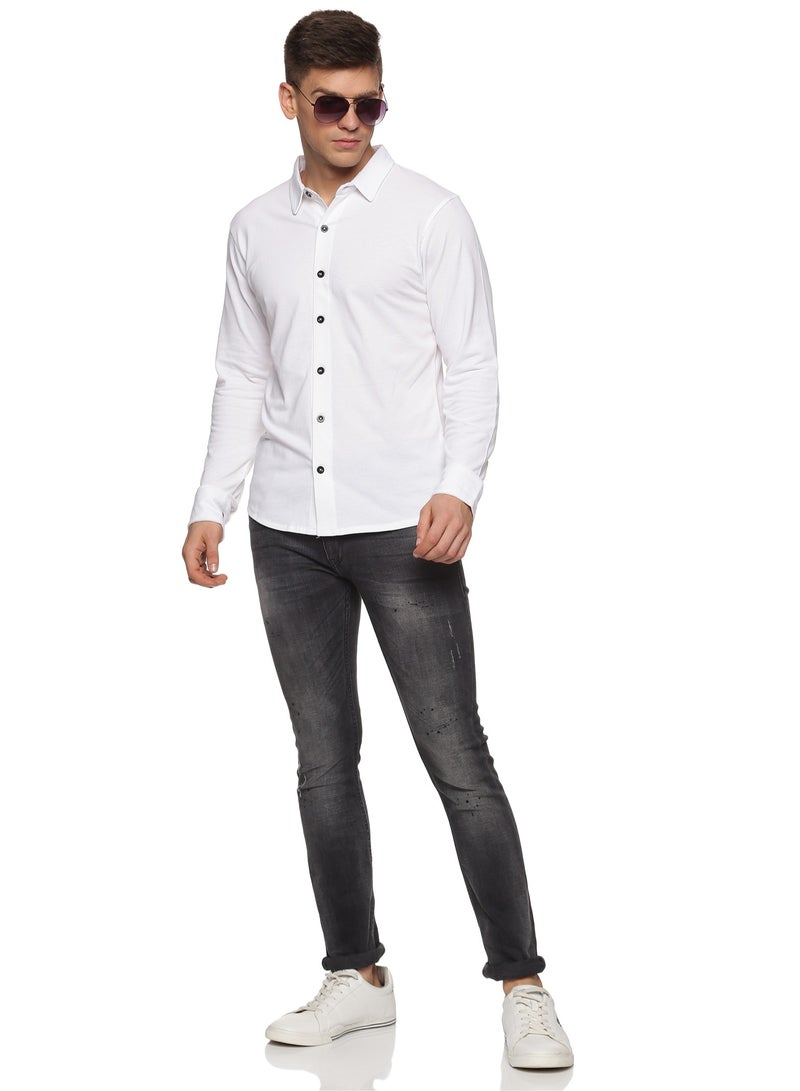 Men's Cotton Solid Knitted Full Sleeves Shirt (white)
