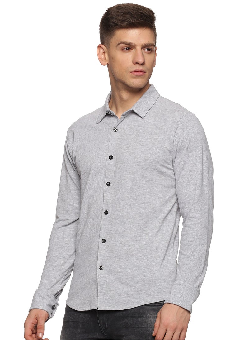 Men's Cotton Solid Knitted Full Sleeves Shirt (Grey)