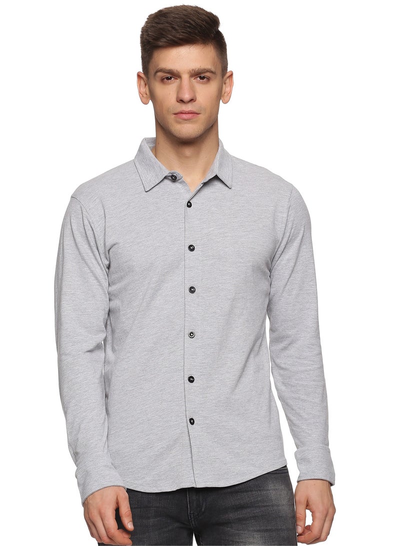 Men's Cotton Solid Knitted Full Sleeves Shirt (Grey)