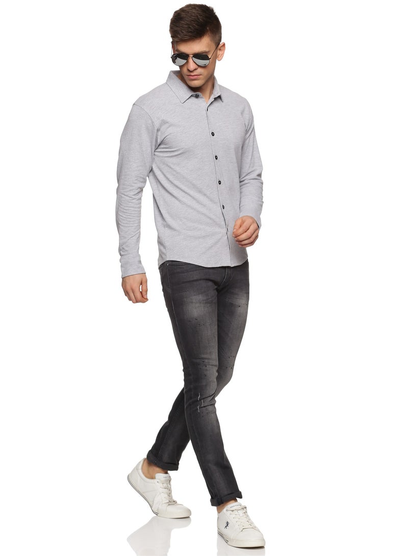 Men's Cotton Solid Knitted Full Sleeves Shirt (Grey)