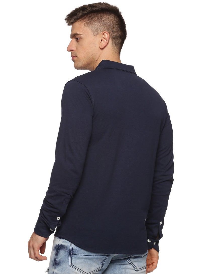 RSO Outfits Men's Cotton Solid Knitted Full Sleeves Shirt (Navy Blue)