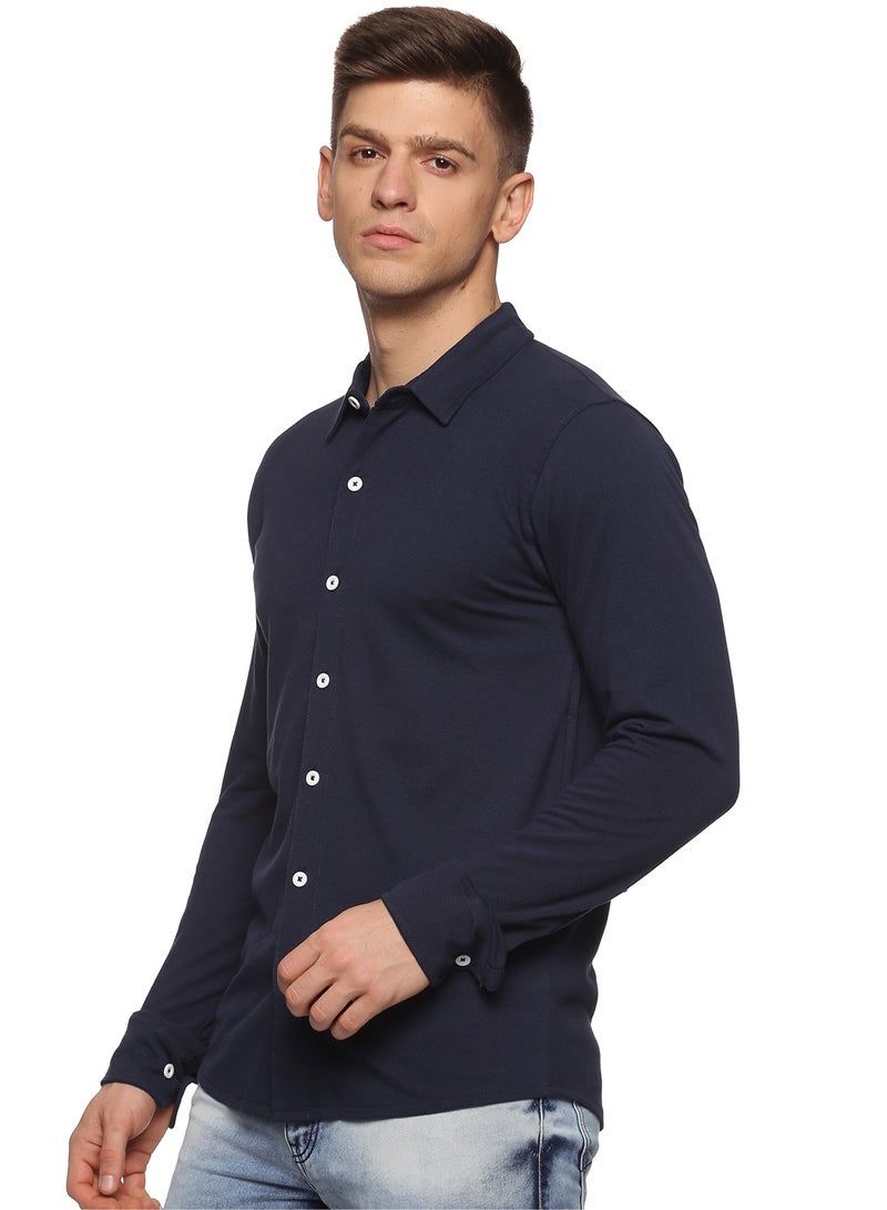 RSO Outfits Men's Cotton Solid Knitted Full Sleeves Shirt (Navy Blue)