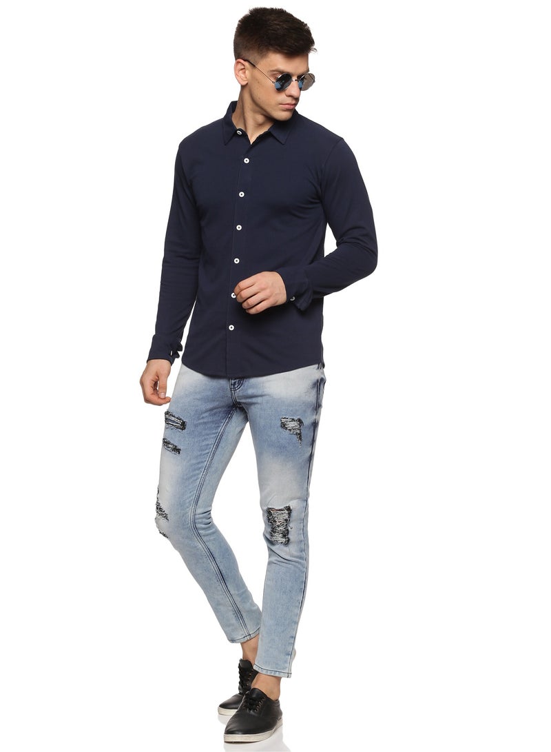 RSO Outfits Men's Cotton Solid Knitted Full Sleeves Shirt (Navy Blue)
