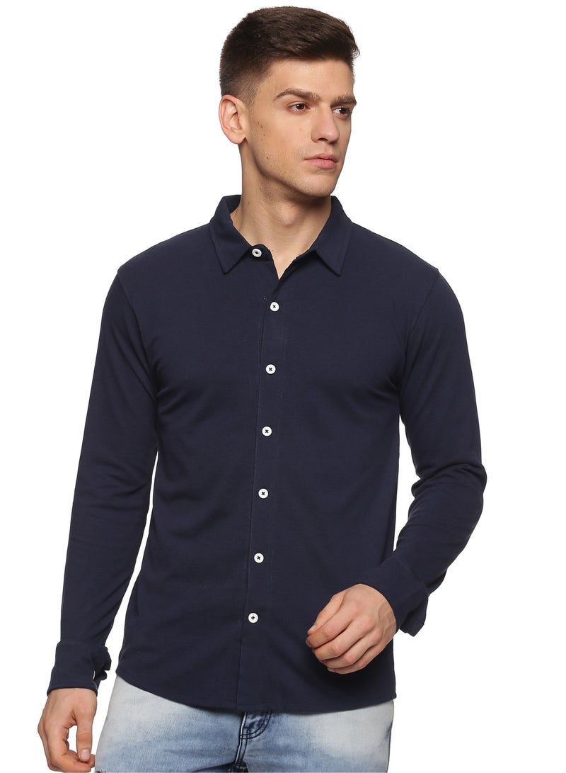 RSO Outfits Men's Cotton Solid Knitted Full Sleeves Shirt (Navy Blue)