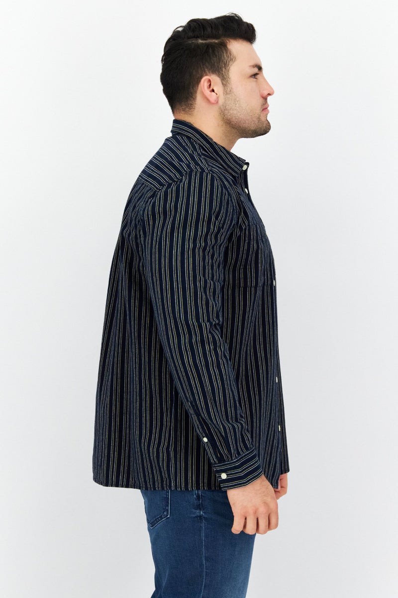 Men Regular Fit Stripe Long Sleeves Casual Shirt, Blue
