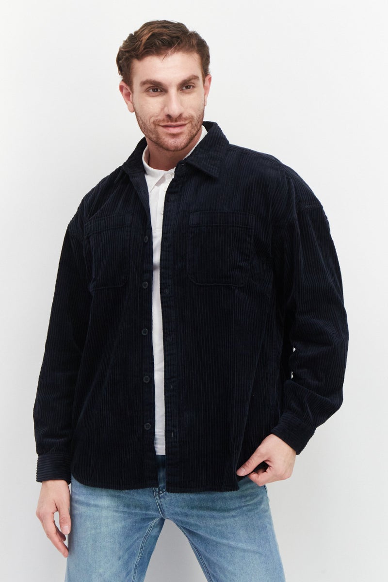 Men Regular Fit Textured Long Sleeve Casual Shirt, Navy
