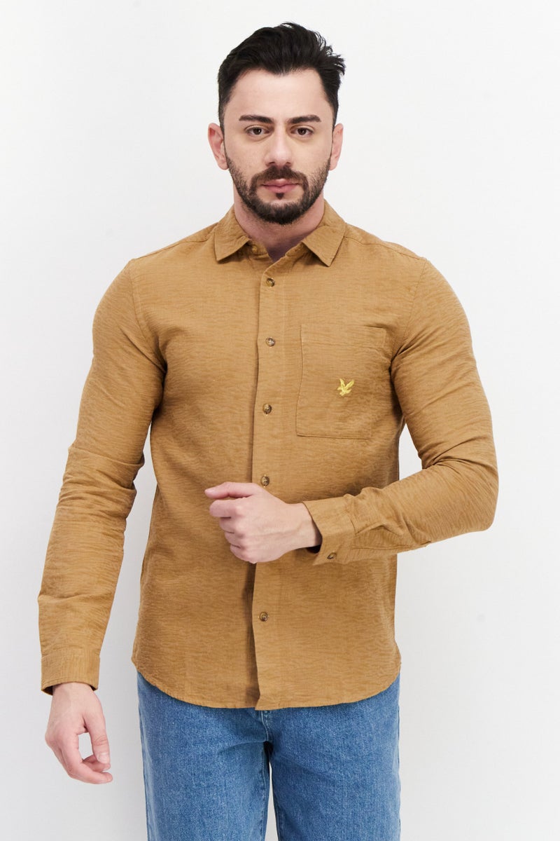 Men Regular Fit Long Sleeves Embroidered Logo Casual Shirt, Brown