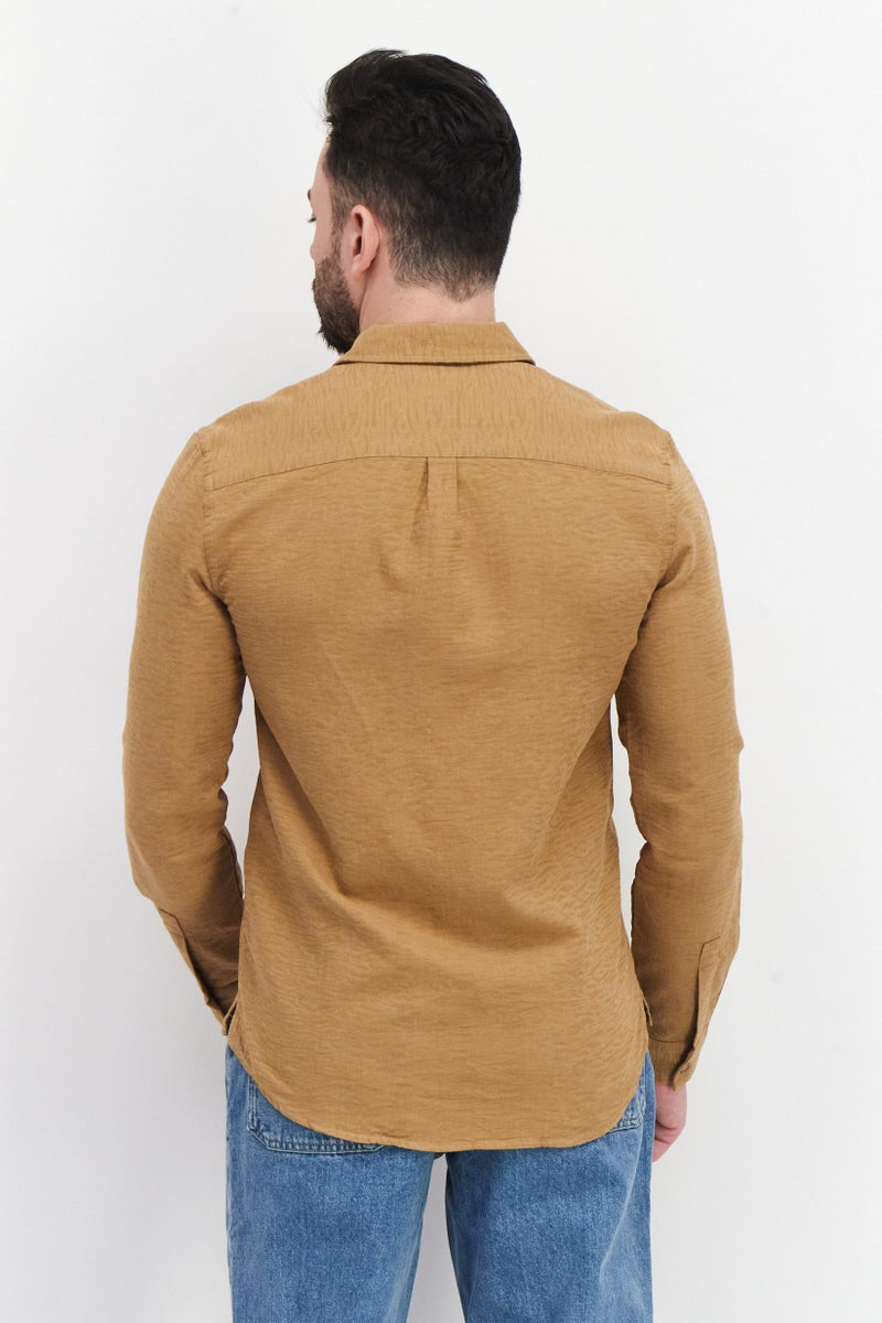 Men Regular Fit Long Sleeves Embroidered Logo Casual Shirt, Brown
