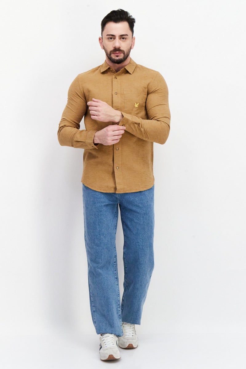 Men Regular Fit Long Sleeves Embroidered Logo Casual Shirt, Brown