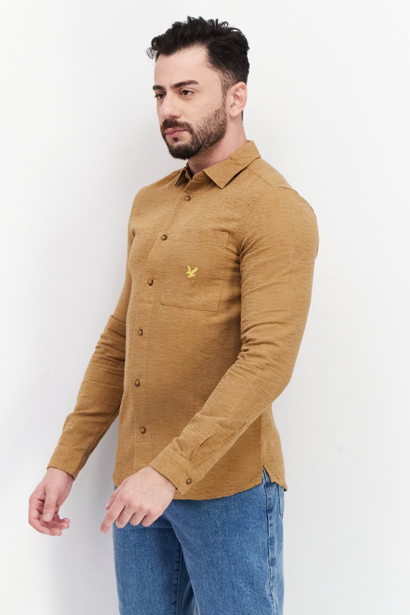 Men Regular Fit Long Sleeves Embroidered Logo Casual Shirt, Brown