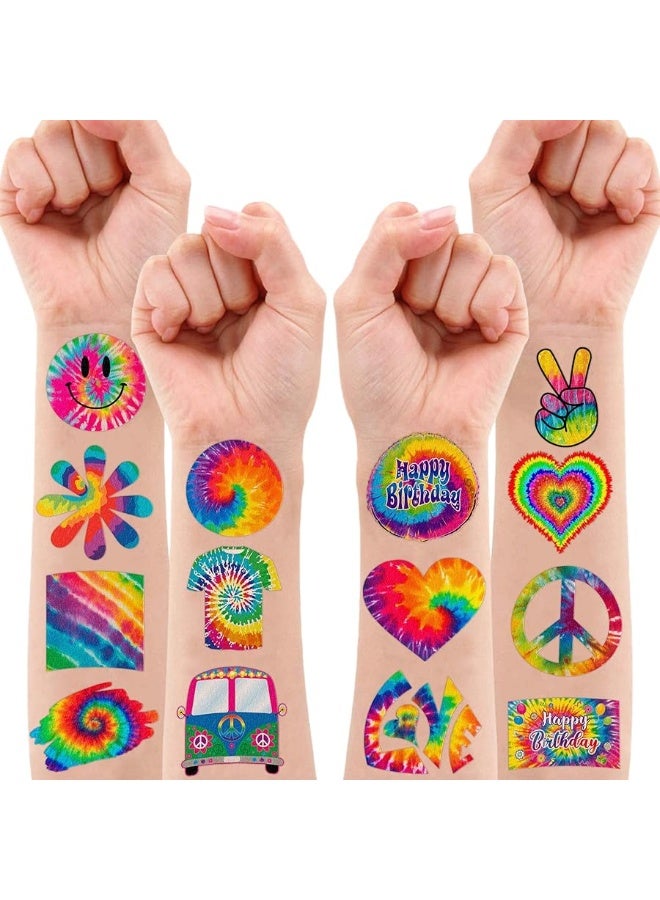 Tie dye 90s Temporary Tattoos Birthday Themed Party Supplies Favors Decorations Decor 8 Sheets 96 PCS Colorful Cute Stickers Tattoo for Class School Prizes Gift for Kids Girls Boys Carnival Rewards