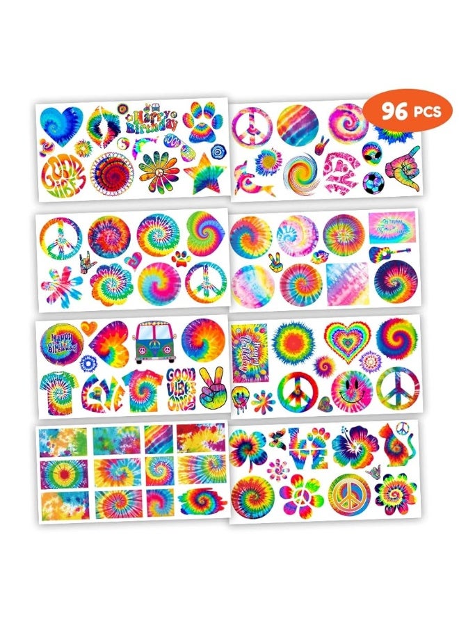 Tie dye 90s Temporary Tattoos Birthday Themed Party Supplies Favors Decorations Decor 8 Sheets 96 PCS Colorful Cute Stickers Tattoo for Class School Prizes Gift for Kids Girls Boys Carnival Rewards