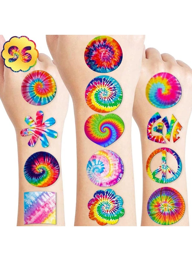 Tie dye 90s Temporary Tattoos Birthday Themed Party Supplies Favors Decorations Decor 8 Sheets 96 PCS Colorful Cute Stickers Tattoo for Class School Prizes Gift for Kids Girls Boys Carnival Rewards