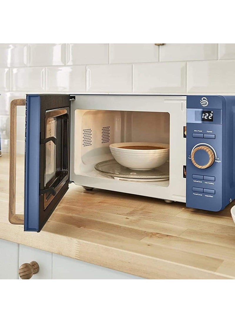 Swan 20L Nordic Digital LED Microwave, 6 Power Levels, Wood Effect Handle, Soft Touch Housing and Matte Finish, 800W, Blue, SM22036LBLUN