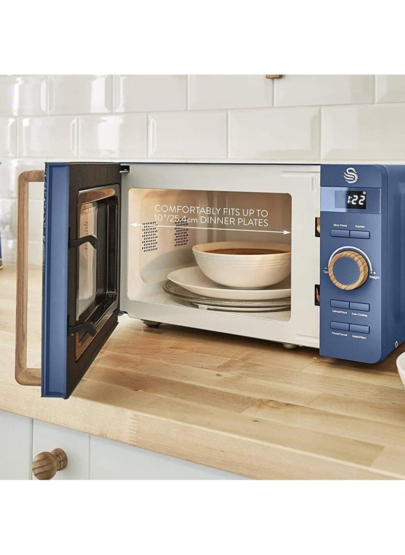 Swan 20L Nordic Digital LED Microwave, 6 Power Levels, Wood Effect Handle, Soft Touch Housing and Matte Finish, 800W, Blue, SM22036LBLUN