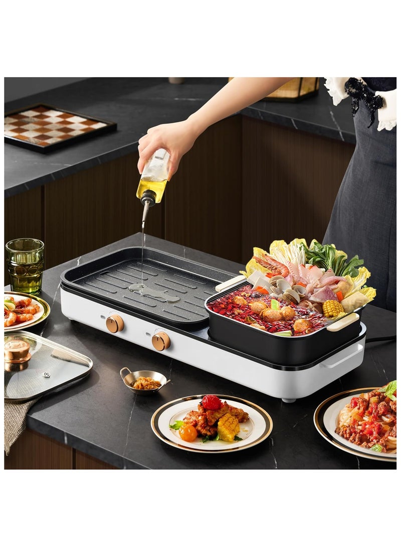 Electric Hot Pot with Grill, Indoor 2-in-1 Smokeless Shabu-Shabu & Korean BBQ Grill with Dual Temperature Control for 2-10 People, Multi-Function Simmer & Grill Pan for Home Cooking Parties