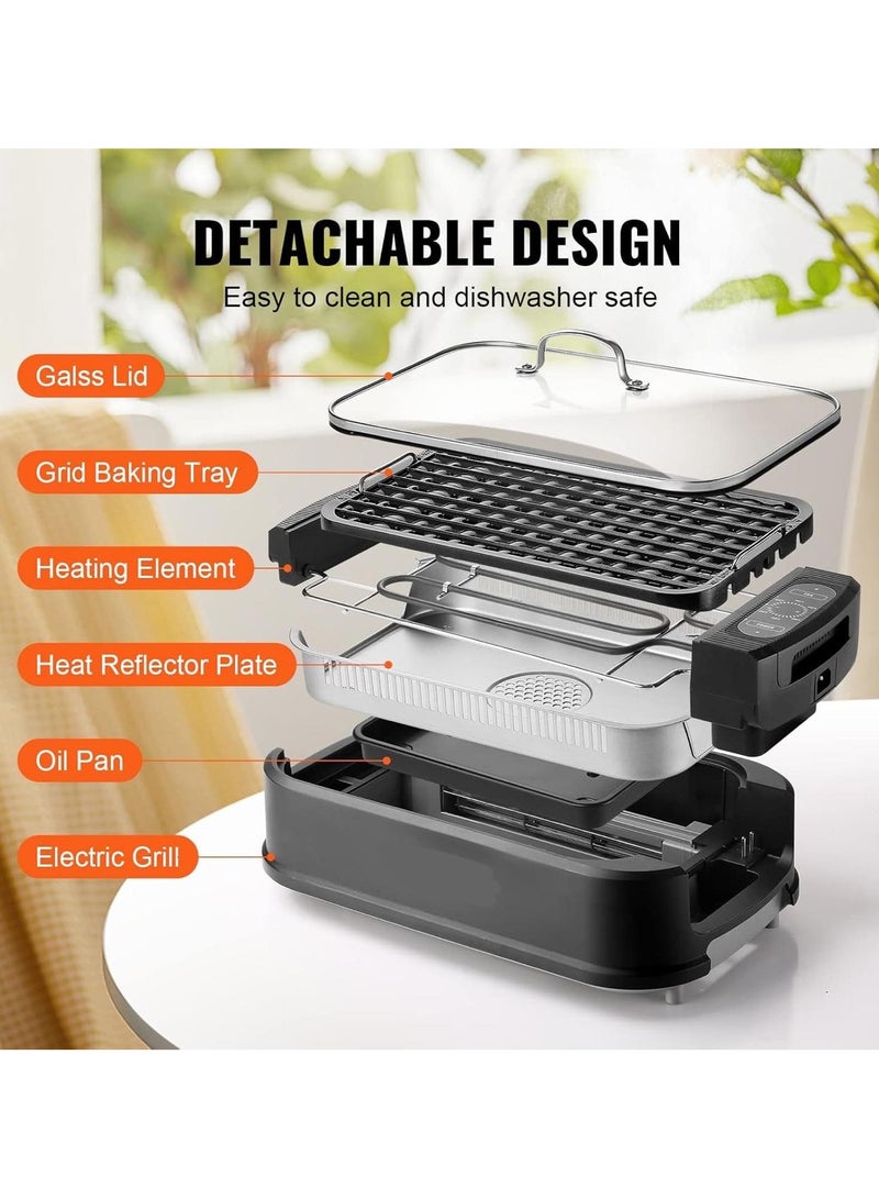 Smokeless Indoor Grill, 110 sq.in 1500W Electric BBQ Grill with Non-Stick Surface, Adjustable Temperature, Turbo Smoke Extractor, Detachable Dishwasher-safe Smokeless Grill for Party Camping