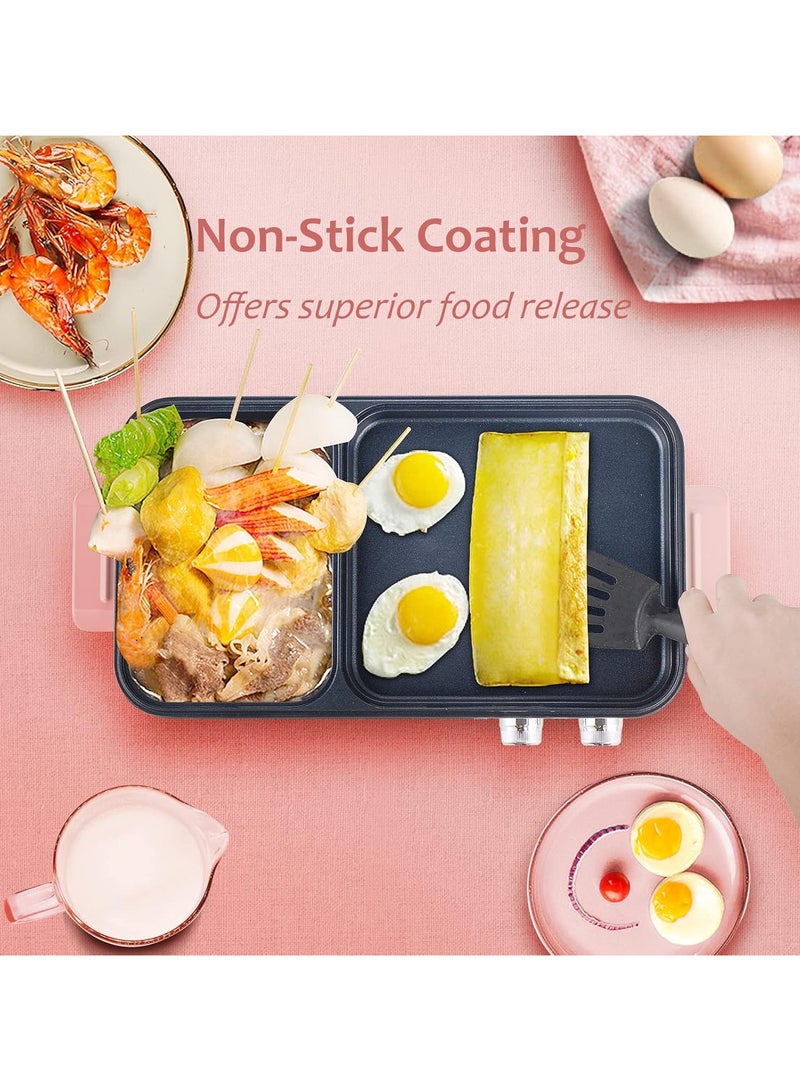 Indoor Smokeless Grill with Hot Pot, 1200W 2-in-1 Electric Tabletop Korean BBQ Grill for 3-4 People, Dual Temperature Control, Thermal Protection, Non-Stick Surface, Compact & Stylish (Pink)