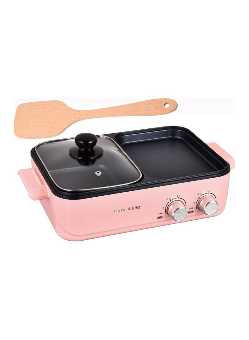 Indoor Smokeless Grill with Hot Pot, 1200W 2-in-1 Electric Tabletop Korean BBQ Grill for 3-4 People, Dual Temperature Control, Thermal Protection, Non-Stick Surface, Compact & Stylish (Pink)